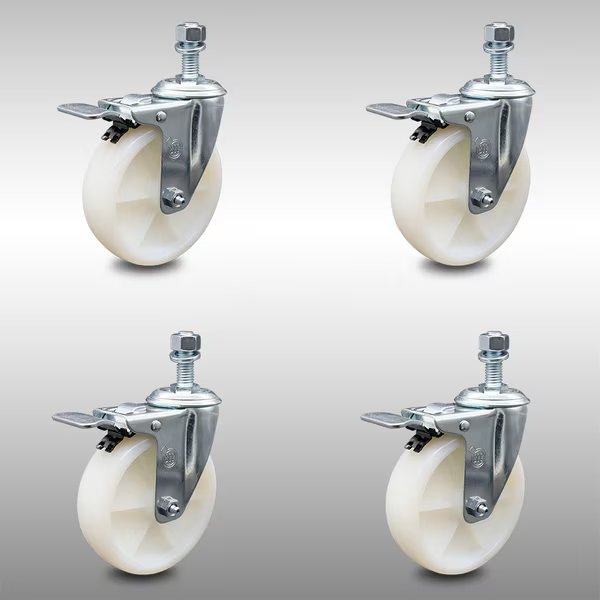 5 Inch SS Nylon Wheel Swivel 3/8 Inch Threaded Stem Caster Set Total Lock Brake, Service Caster, Mfr#: SCC-SSTSTTL20S514-NYS-381615-4
